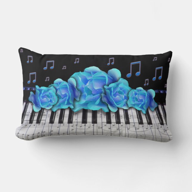 Blue Piano Keyboard and Notes Lumbar Pillow (Front)