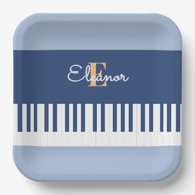 Blue Piano Keyboard Music Keys Monogrammed Party Paper Plates (Front)