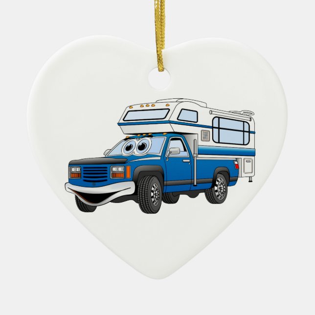 Blue Pick Up Camper Cartoon Ceramic Ornament (Front)