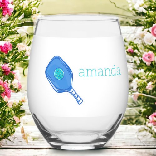 Blue Pickleball Paddle  Ball Personalized Preppy  Stemless Wine Glass