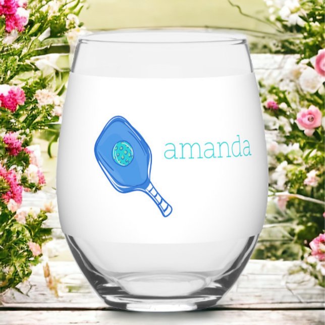 Blue Pickleball Paddle & Ball Personalized Preppy  Stemless Wine Glass (Creator Uploaded)