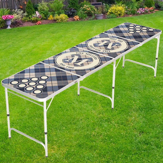 Blue Picnic Plaid Family Monogram & Name Beer Pong Table (Creator Uploaded)