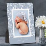 Blue Picture Easel Back Frameless Photo Holder Plaque<br><div class="desc">This charming tabletop easel features your favorite photo surrounded with a beautiful border of white foliage, dots and berries on a pale blue background. CHANGE the background color to MATCH your photo. CHANGE the LOVE text to anything - TIP: put your text between the two squares to retain the text...</div>
