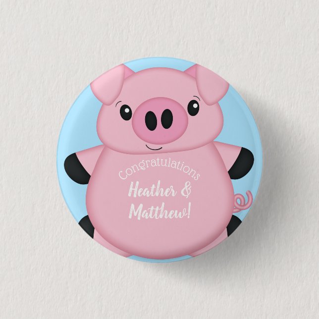 Blue Pig Baby Shower Button (Front)