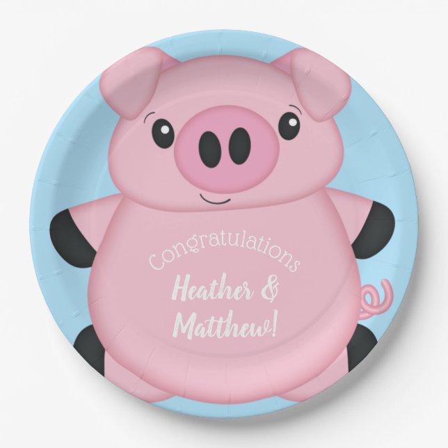Blue Pig Baby Shower Paper Plates (Front)