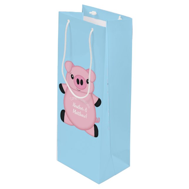 Blue Pig Baby Shower Wine Gift Bag (Front Angled)