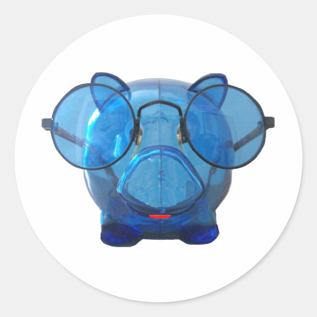 Blue Piggy Bank with Glasses Classic Round Sticker (Front)