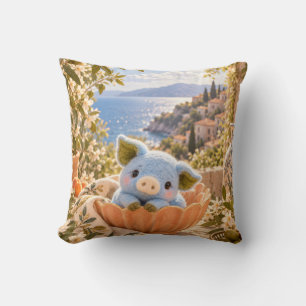 Blue Piglet Peach Flower Bowl Lakeside Garden Throw Pillow