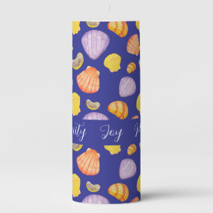 Blue Pillar Candle with Watercolor Seashells