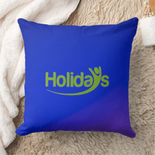 Blue pillow with green "Holidays" text