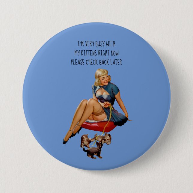 Blue pin up girl with kittens pin back button (Front)