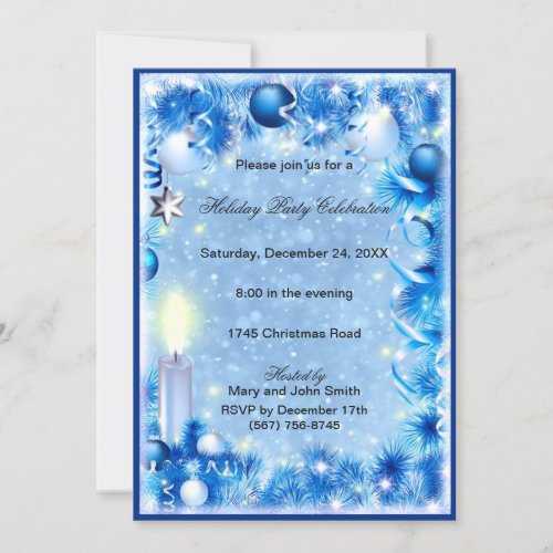 Blue Pine Candles Baubles Christmas Party Invite
