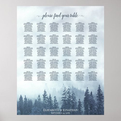 Blue Pine Forest 30 Table Wedding Seating Chart
