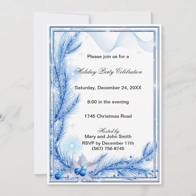 Blue Pine Holly Christmas Party Invitation (Front)