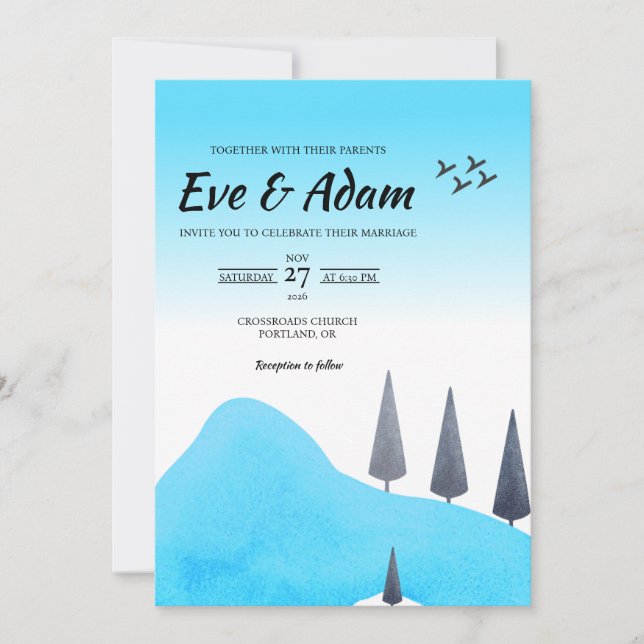 Blue Pine Snowy Watercolor Winter Wedding Invitation (Front)