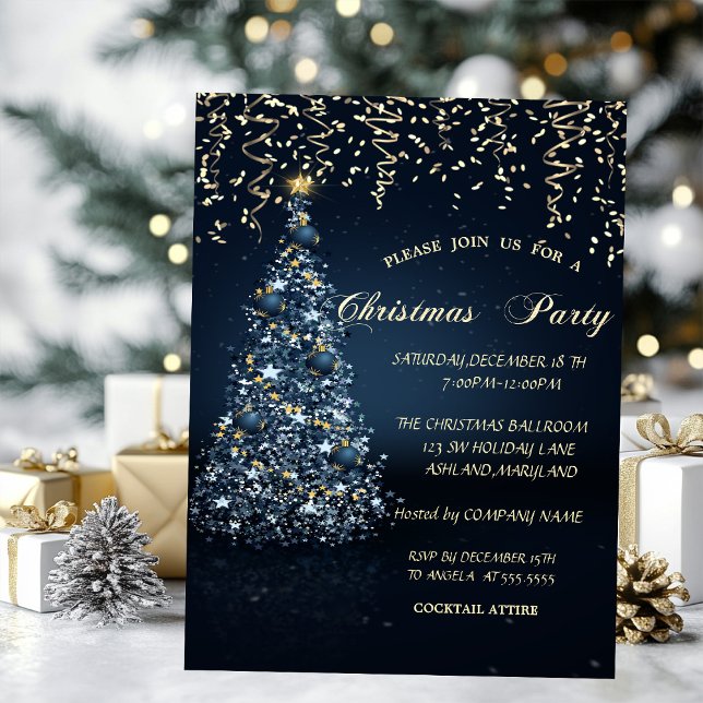 Blue Pine Tree Gold Christmas Company Party Invitation (Creator Uploaded)