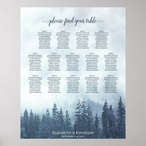 Blue Pine Trees 14 Table Wedding Seating Chart