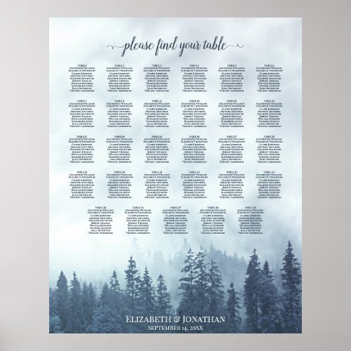 Blue Pine Trees 29 Table Wedding Seating Chart