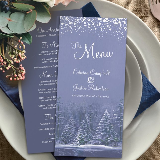 Blue pine trees painted white snow winter wedding menu (Creator Uploaded)