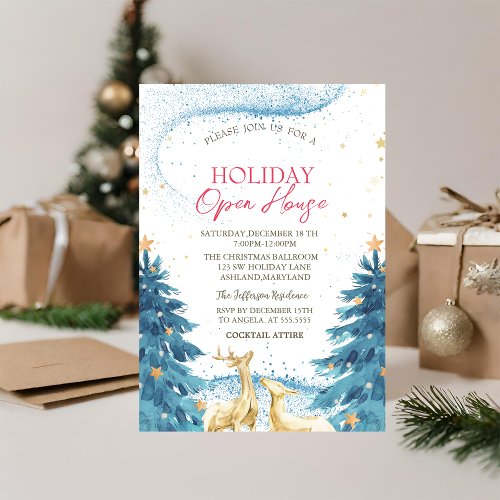 Blue Pine Trees Reindeers Holiday Open House  Invitation