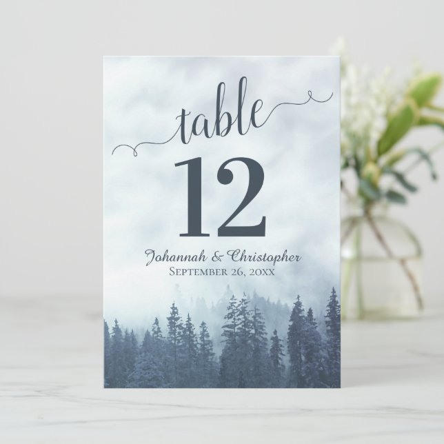 Blue Pine Trees Wedding Table Number Card Large (Standing Front)