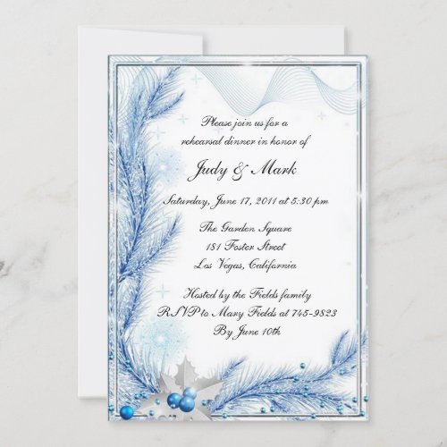 Blue Pine Winter Christmas Rehearsal Dinner Invitation