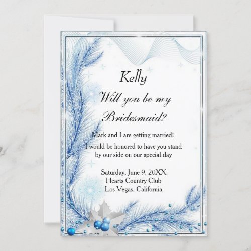 Blue Pine Winter Christmas Wedding Bridesmaid Card