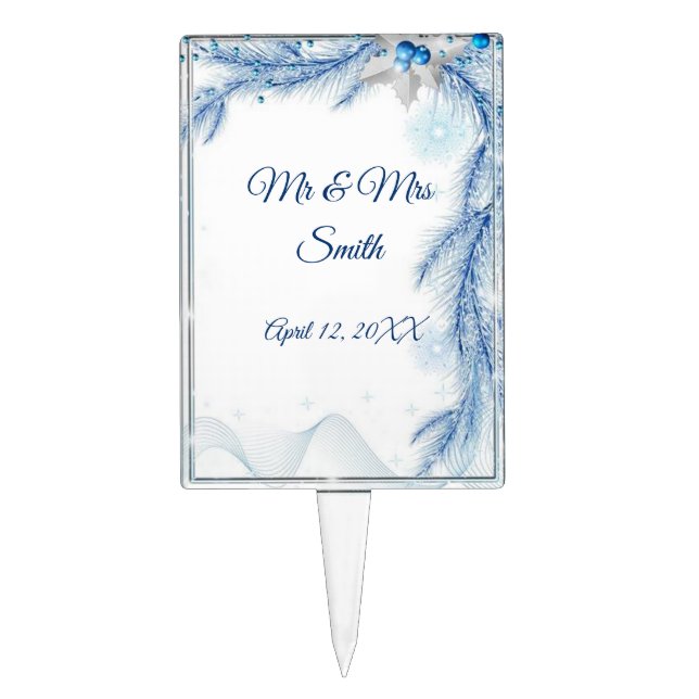 Blue Pine Winter Christmas Wedding Cake Topper (Front)