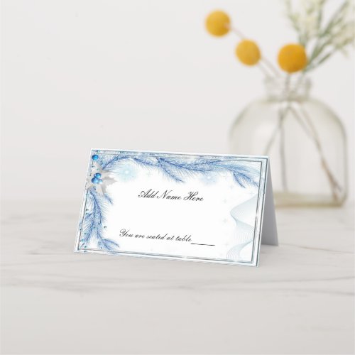 Blue Pine Winter Christmas Wedding Place Card