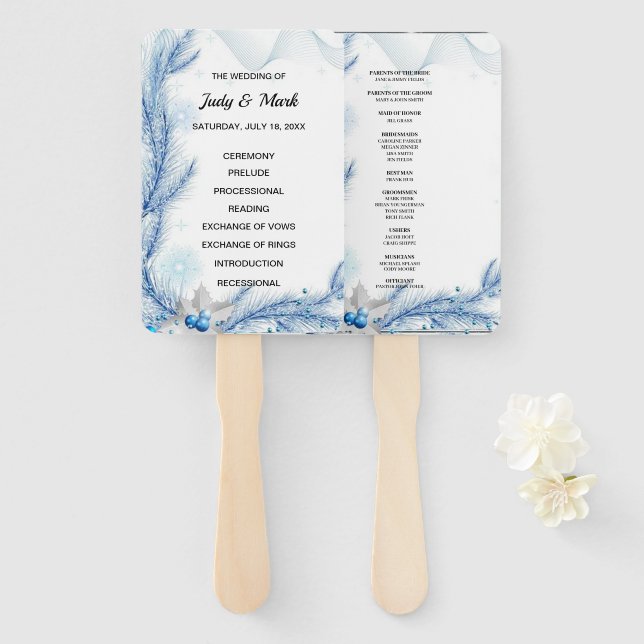 Blue Pine Winter Christmas Wedding Program Hand Fan (Front and Back)