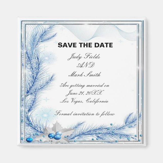 Blue Pine Winter Christmas Wedding Save The Date Magnet (Front)