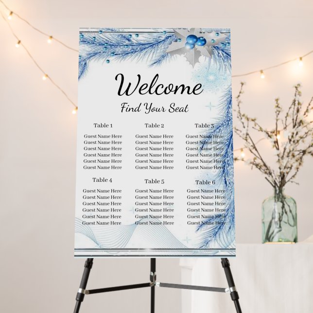Blue Pine Winter Christmas Wedding Seating Chart Foam Board (In Situ (Stand))