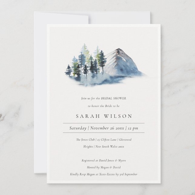 Blue Pine Woods Mountain Bridal Shower Invite (Front)