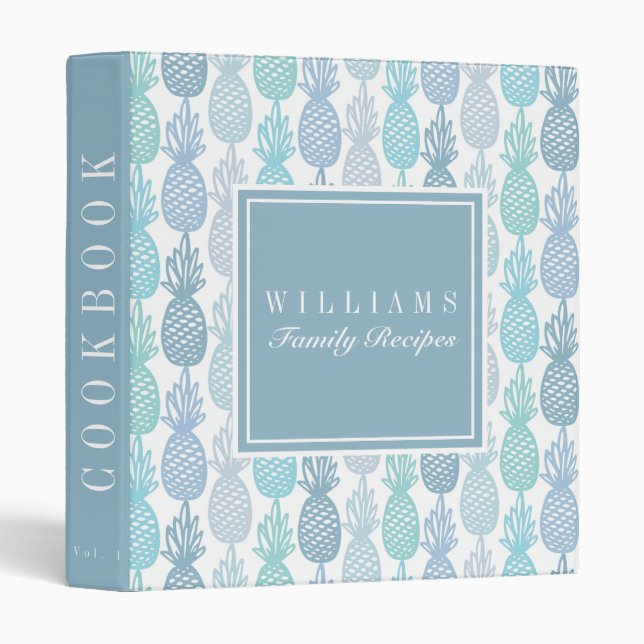 Blue Pineapple Pattern Family Recipe Cookbook 3 Ring Binder (Front/Spine)