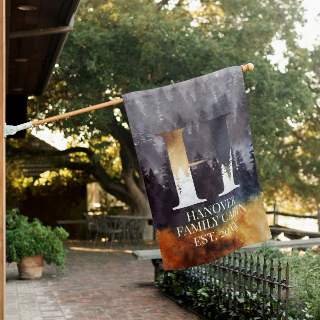 Blue Pines H Monogram Family Cabin Name House Flag (In SItu)