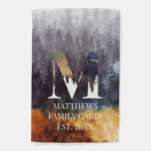 Blue Pines M Monogram Family Cabin Name Garden Flag (Front)