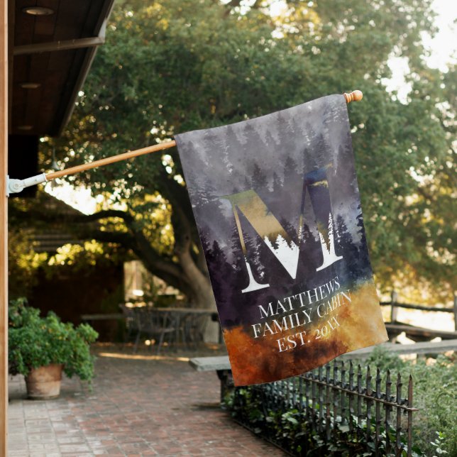 Blue Pines M Monogram Family Cabin Name House Flag (In SItu)