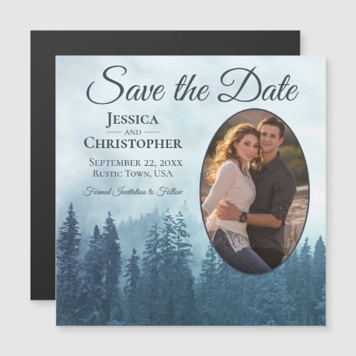 Blue Pines Rustic Oval Photo Wedding Save the Date Magnetic Invitation