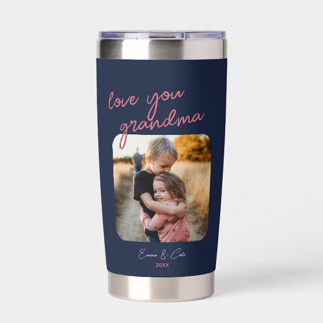 Blue Pink 1-Photo Custom Gift Script Water Bottle Insulated Tumbler (Front)