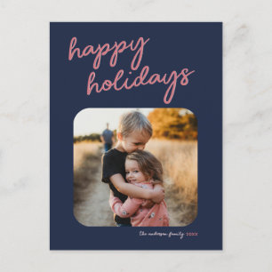 Blue Pink 1-Photo Happy Holidays Script Holiday Postcard