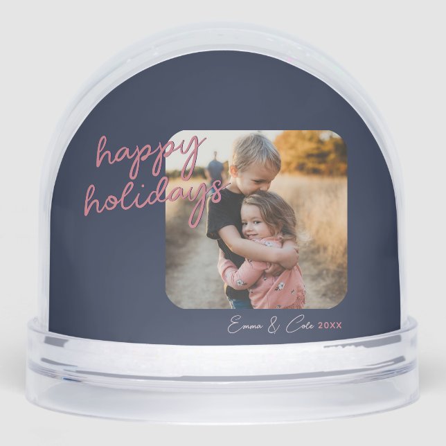 Blue Pink 1-Photo Happy Holidays Script Snow Globe (Front)