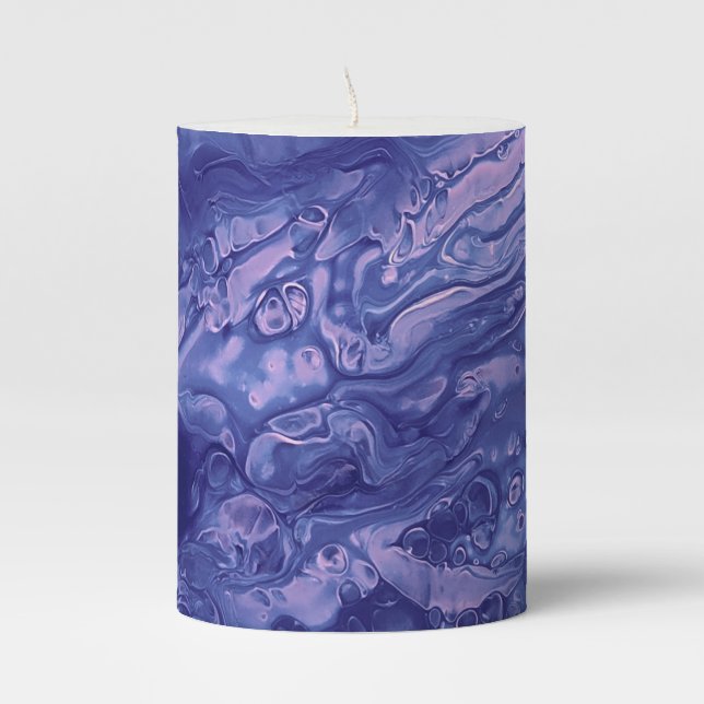 Blue Pink Acrylic Pouring Abstract Fluid Art Pillar Candle (Front)