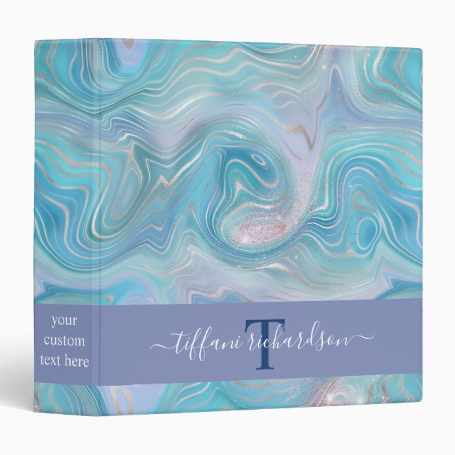 Blue Pink Agate Geode Monogram Script Name 3 Ring Binder (Front/Spine)