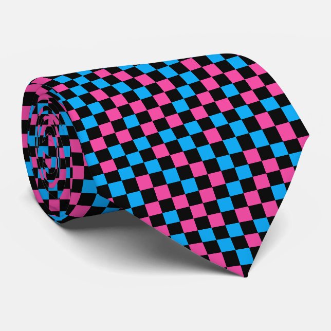 Blue Pink And Black Checkered Pattern  Neck Tie (Rolled)