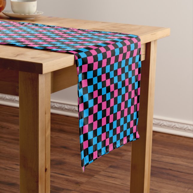 Blue Pink And Black Checkered Pattern  Short Table Runner (In Situ)