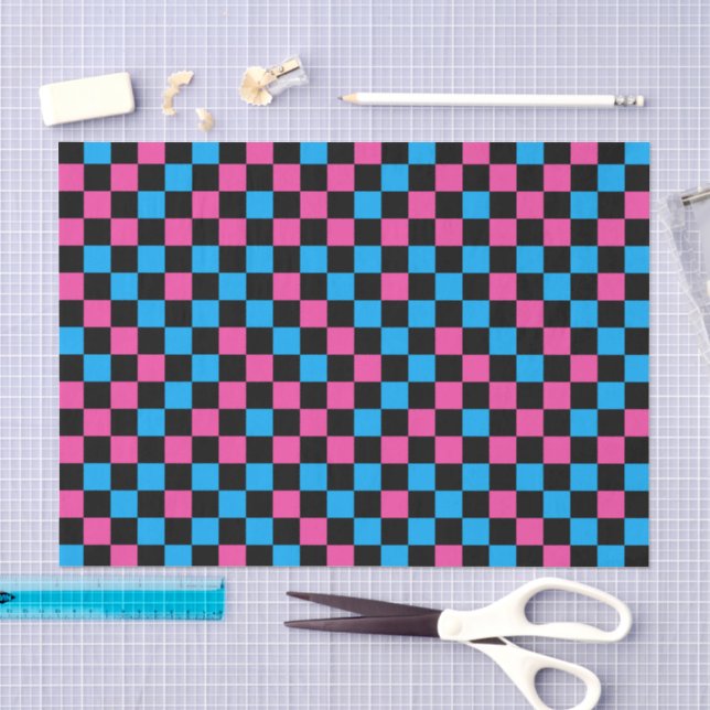 Blue Pink And Black Checkered Pattern  Tissue Paper (Craft)