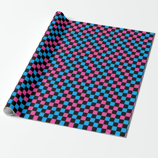 Blue Pink And Black Checkered Pattern  Wrapping Paper (Unrolled)