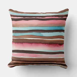 Blue Pink and Chocolate watercolor stripes Throw Pillow