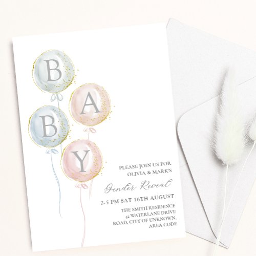 Blue Pink and Gold Baby Balloons Gender Reveal Invitation