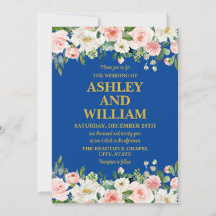 Blue Pink and Gold Boho Bohemian Greenery Wedding Invitation